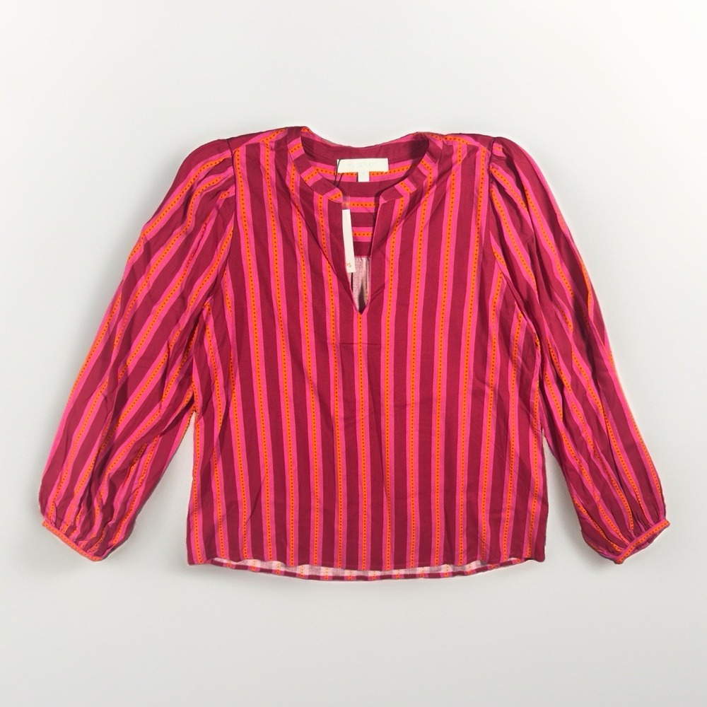 Sugar Lips Striped Blouse Womens Medium Pink Orange Puff Sleeve Rayon NWT